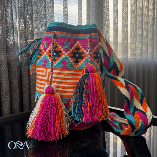 Wayuu Bag Orange and White Pattern - ORA